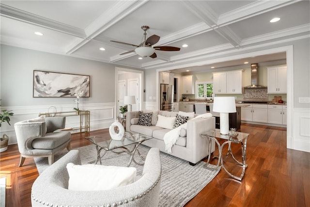 315 Melrose Ave, Decatur, GA 30030 - living room featuring coffered ceiling, ornamental molding, ceiling fan, beam ceiling, and dark wood-type flooring