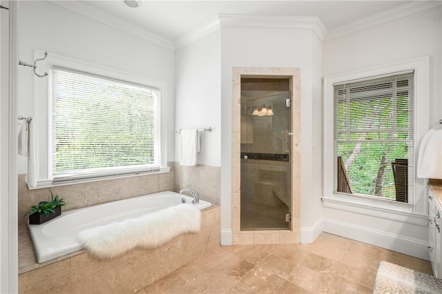315 Melrose Ave, Decatur, GA 30030 - bathroom featuring baseboards, a stall shower, a garden tub, and crown molding
