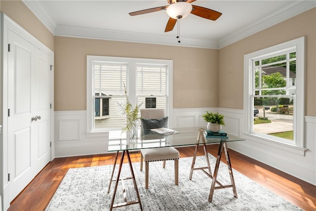 315 Melrose Ave, Decatur, GA 30030 - office area with ornamental molding, a wainscoted wall, a ceiling fan, and wood finished floors