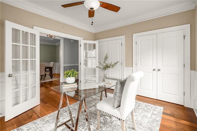 315 Melrose Ave, Decatur, GA 30030 - office area with crown molding, wood finished floors, and ceiling fan with notable chandelier