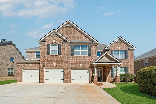 view of front facade featuring a garage, a front yard, concrete driveway, and brick siding