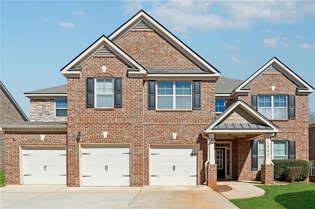 view of front of home featuring brick siding, driveway, an attached garage, and a shingled roof