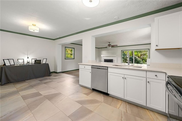 kitchen with stainless steel dishwasher, stove, white cabinetry, and sink