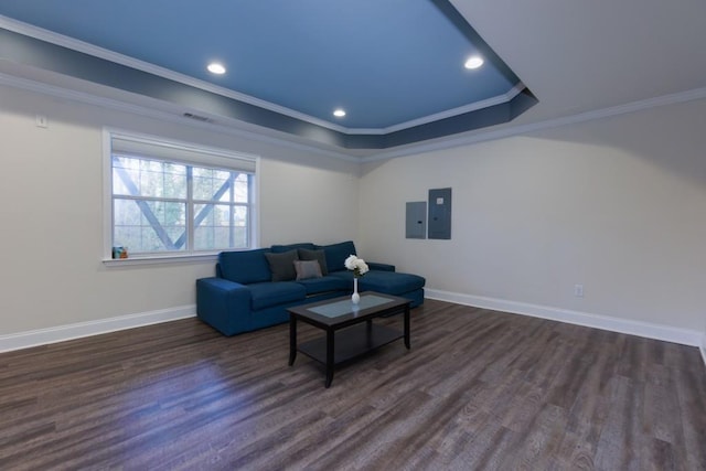 living area featuring a raised ceiling, baseboards, dark wood-type flooring, and ornamental molding