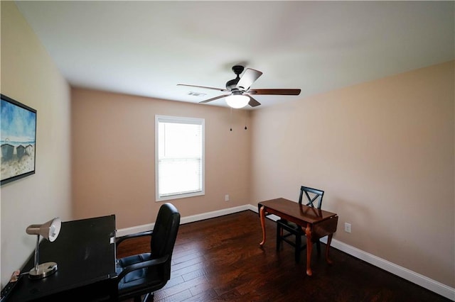 home office featuring dark wood-style floors, a ceiling fan, and baseboards