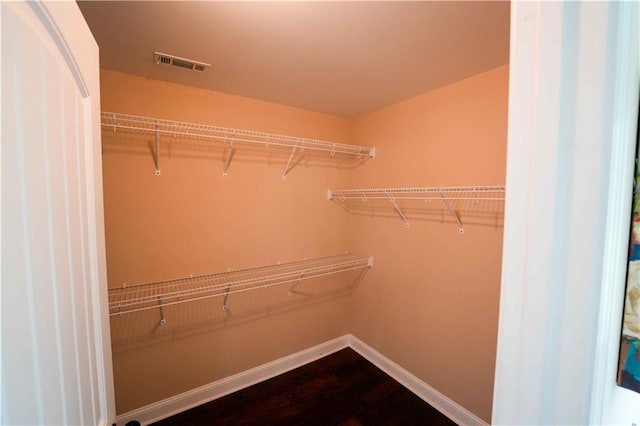 walk in closet featuring dark wood-style floors