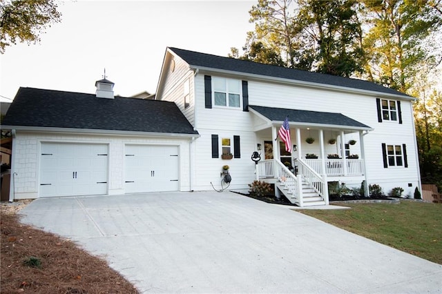 view of front of home with a garage, a porch, and a front yard