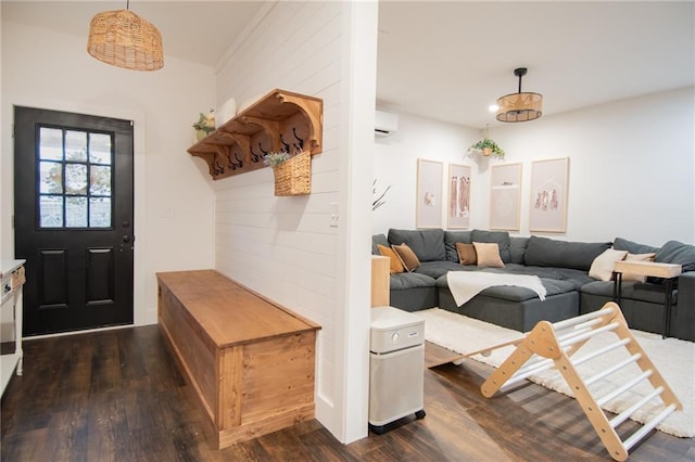 living room featuring dark wood-type flooring