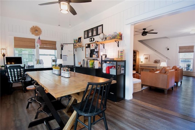 dining room featuring ceiling fan, plenty of natural light, and dark hardwood / wood-style flooring