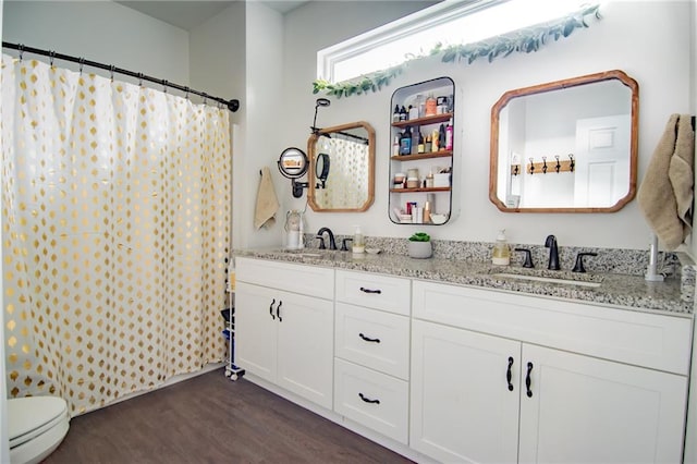 bathroom featuring wood-type flooring, a shower with shower curtain, vanity, and toilet