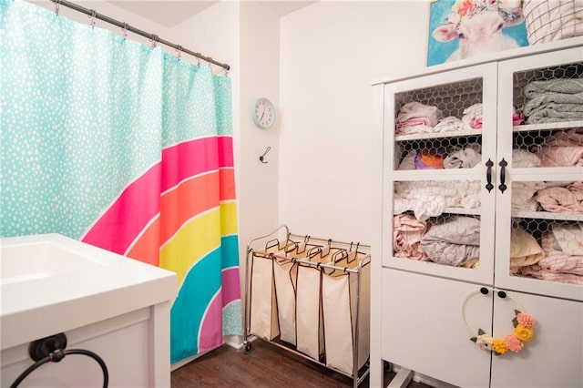 bathroom with wood-type flooring