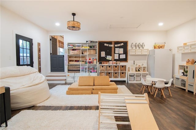 living room with dark hardwood / wood-style flooring