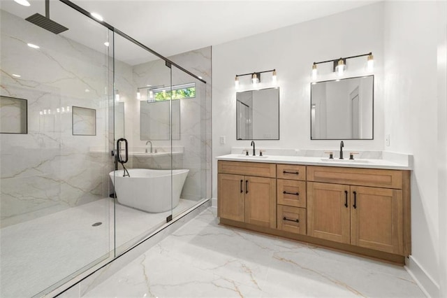 327 Ohm Ave, Avondale Estates, GA 30002 - bathroom featuring marble tiled flooring, a marble finish shower, a freestanding bath, and double vanity