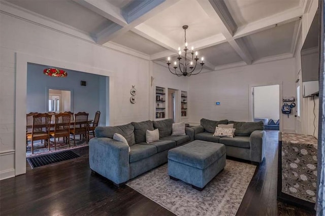229 Slate St, Rockmart, GA 30153 - living room with a chandelier, wood finished floors, coffered ceiling, and beam ceiling