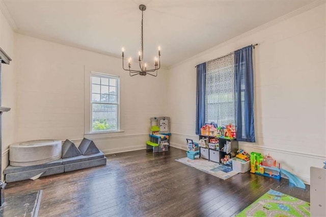 229 Slate St, Rockmart, GA 30153 - playroom with a chandelier, hardwood / wood-style floors, and crown molding