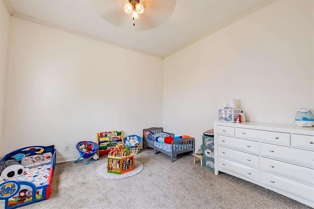 229 Slate St, Rockmart, GA 30153 - bedroom with light colored carpet, ornamental molding, and ceiling fan