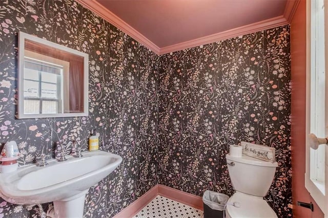 229 Slate St, Rockmart, GA 30153 - bathroom with toilet, ornamental molding, and wallpapered walls