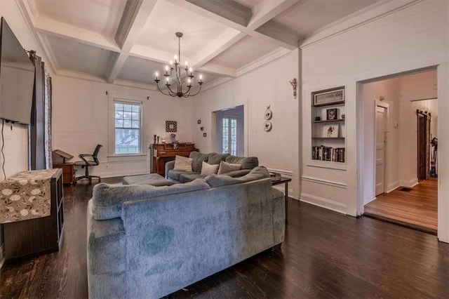 229 Slate St, Rockmart, GA 30153 - living area with dark wood-style flooring, a chandelier, beam ceiling, coffered ceiling, and baseboards