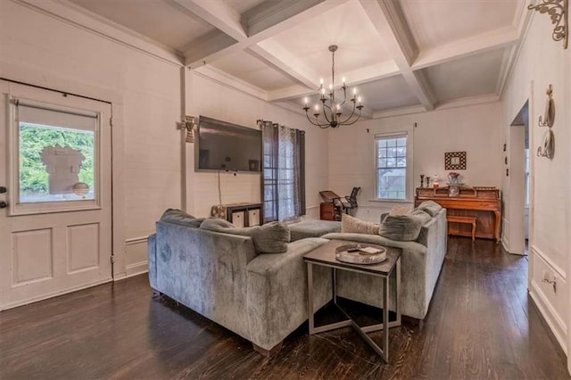 229 Slate St, Rockmart, GA 30153 - living room featuring a chandelier, dark wood-type flooring, coffered ceiling, beamed ceiling, and baseboards