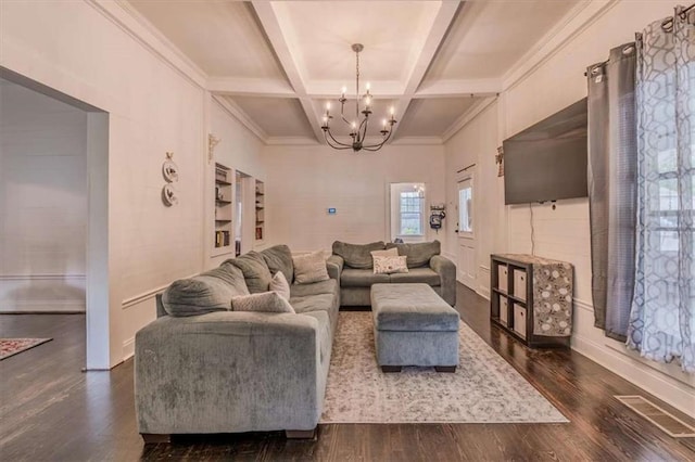 229 Slate St, Rockmart, GA 30153 - living room with a chandelier, coffered ceiling, beamed ceiling, dark wood-type flooring, and crown molding