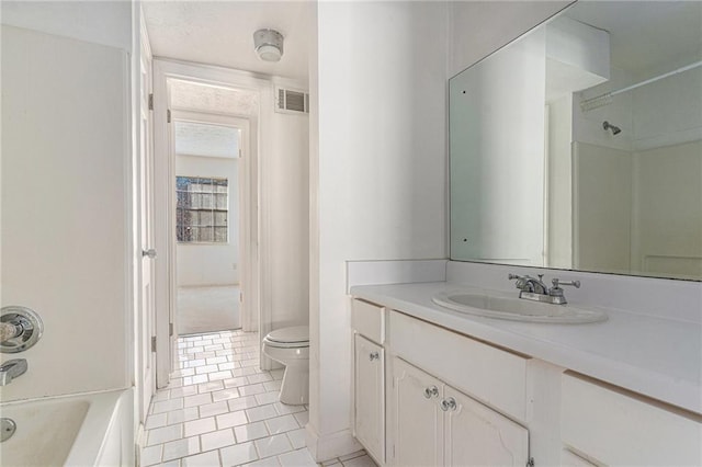 bathroom featuring shower / bathtub combination, visible vents, toilet, vanity, and tile patterned flooring