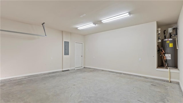 garage with water heater, electric panel, and baseboards