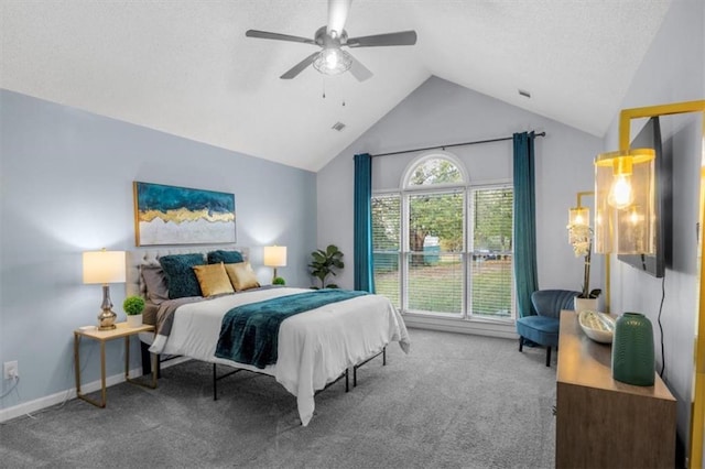 carpeted bedroom with a ceiling fan, visible vents, vaulted ceiling, and baseboards