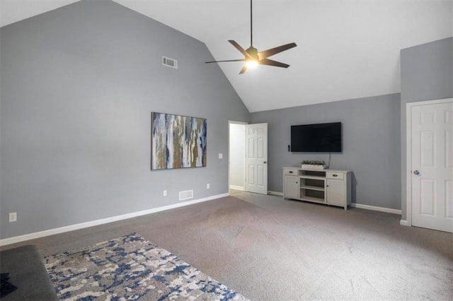 unfurnished living room with baseboards, carpet, visible vents, and a ceiling fan