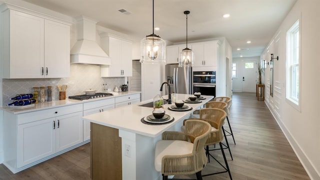 kitchen featuring stainless steel appliances, a sink, custom range hood, baseboards, and an island with sink