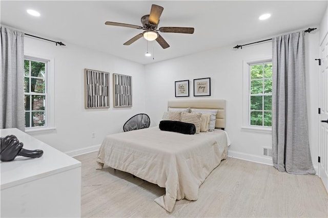3614 N Druid Hills Rd N, Decatur, GA 30033 - bedroom with light wood finished floors, baseboards, recessed lighting, and a ceiling fan