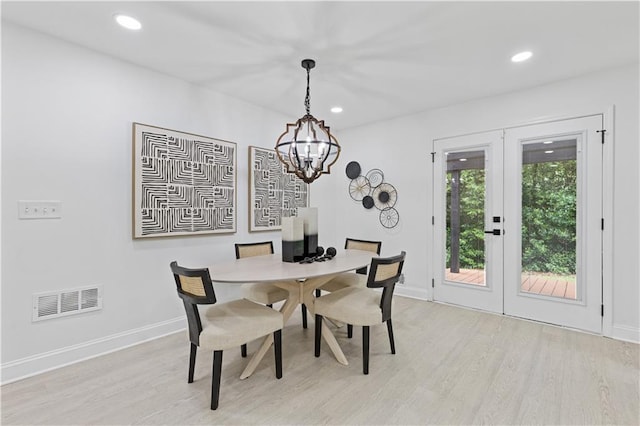 3614 N Druid Hills Rd N, Decatur, GA 30033 - dining area featuring light wood finished floors, a chandelier, baseboards, recessed lighting, and french doors