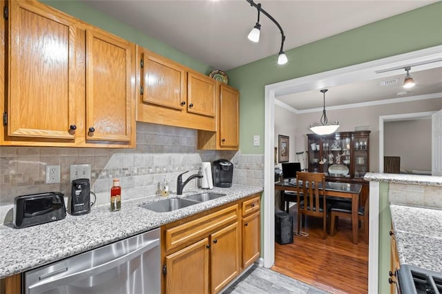 202 Berkeley Woods Dr, Duluth, GA 30096 - kitchen featuring a sink, stainless steel dishwasher, decorative backsplash, ornamental molding, and light wood-style flooring