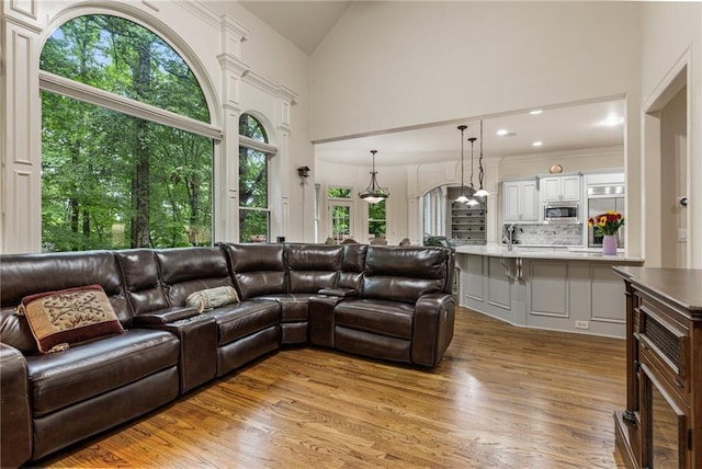 8970 Moor Park Run, Duluth, GA 30097 - living room with light wood-style floors and high vaulted ceiling
