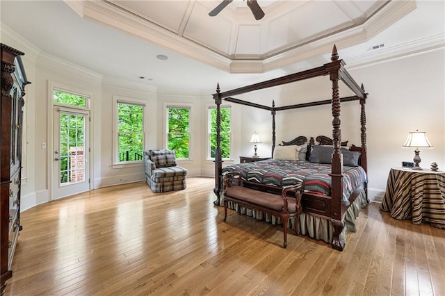8970 Moor Park Run, Duluth, GA 30097 - bedroom featuring ornamental molding, light wood-style floors, coffered ceiling, access to exterior, and ceiling fan