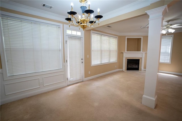 2548 Gadsen Walk, Duluth, GA 30097 - unfurnished living room with a fireplace with flush hearth, visible vents, crown molding, baseboards, and carpet flooring