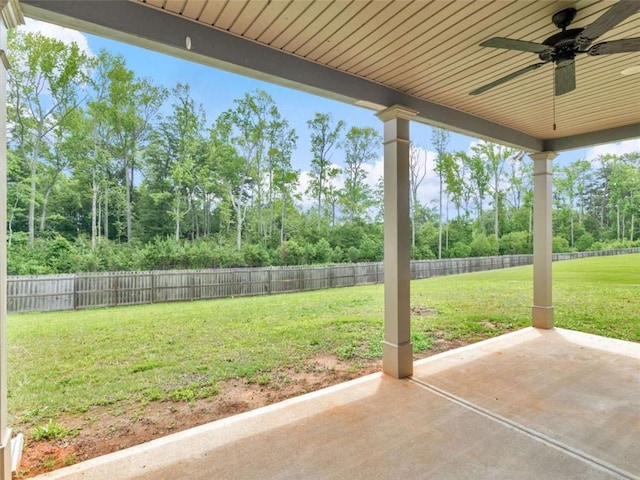 149 Elkins Blvd, Locust Grove, GA 30248 - fenced backyard featuring ceiling fan, a patio, and view of wooded area