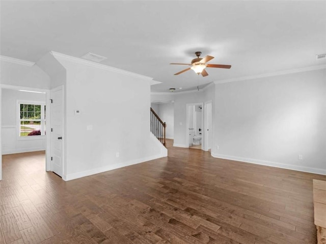 149 Elkins Blvd, Locust Grove, GA 30248 - unfurnished living room featuring stairway, ornamental molding, wood finished floors, and a ceiling fan