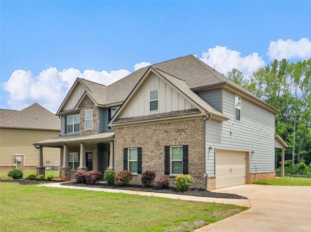 149 Elkins Blvd, Locust Grove, GA 30248 - craftsman inspired home featuring board and batten siding, brick siding, a garage, concrete driveway, and a front lawn