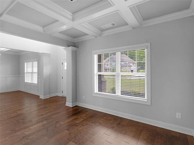 149 Elkins Blvd, Locust Grove, GA 30248 - unfurnished room featuring coffered ceiling, dark wood-style floors, beamed ceiling, ornamental molding, and ornate columns
