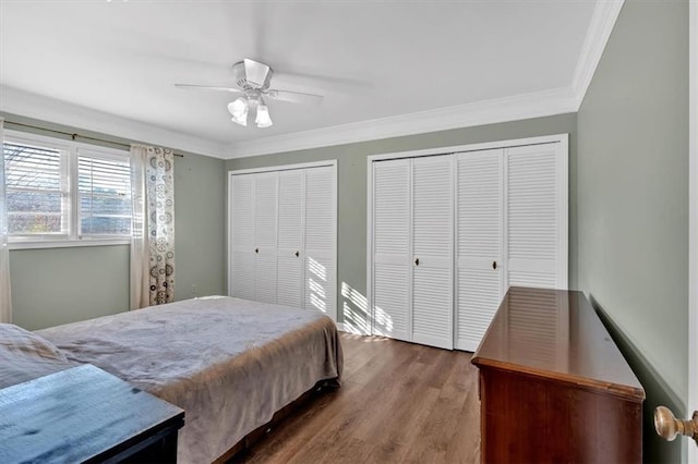 bedroom featuring crown molding, ceiling fan, hardwood / wood-style flooring, and two closets