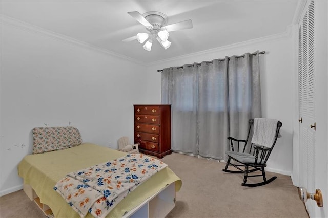 bedroom with crown molding, ceiling fan, and light carpet