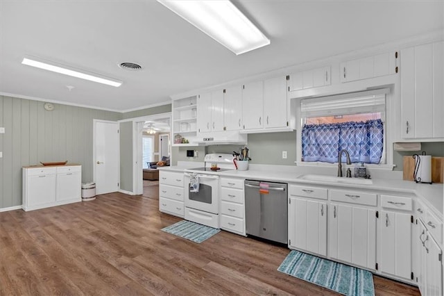 kitchen featuring white electric range, sink, white cabinetry, dishwasher, and hardwood / wood-style flooring