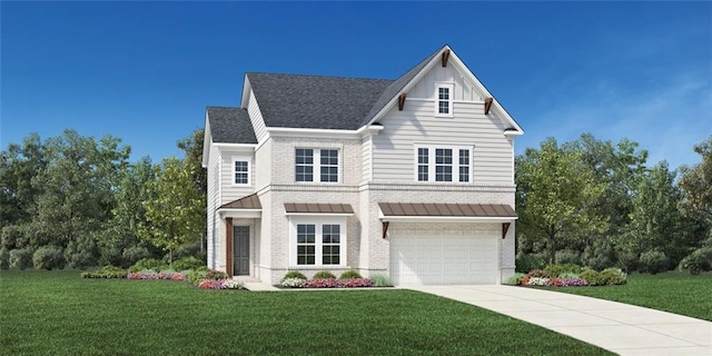 view of front of home featuring a front yard and a garage