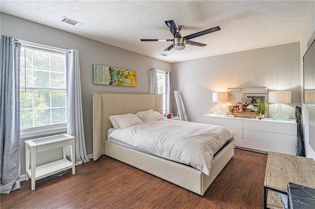 bedroom with a textured ceiling, ceiling fan, dark wood-type flooring, and multiple windows