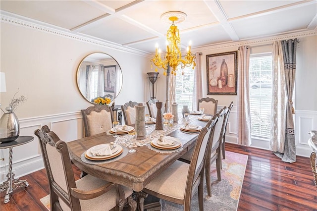 dining space with ornamental molding, coffered ceiling, an inviting chandelier, beamed ceiling, and dark hardwood / wood-style floors