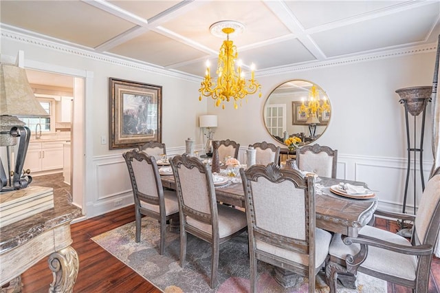 dining area featuring coffered ceiling, crown molding, sink, dark wood-type flooring, and a notable chandelier