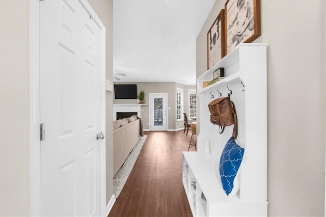 mudroom with dark wood-type flooring, a fireplace, and baseboards