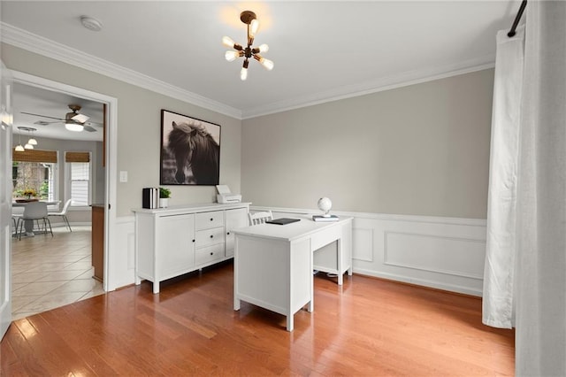 4504 Reva Way NE, Marietta, GA 30066 - office space featuring a chandelier, ornamental molding, wainscoting, wood finished floors, and ceiling fan