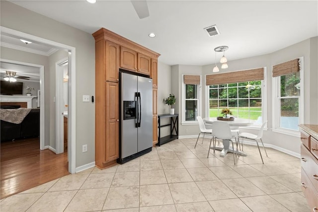 4504 Reva Way NE, Marietta, GA 30066 - kitchen featuring stainless steel fridge, ceiling fan, baseboards, recessed lighting, and ornamental molding