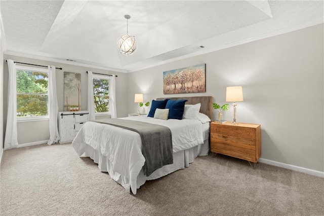 4504 Reva Way NE, Marietta, GA 30066 - bedroom with a tray ceiling, a textured ceiling, carpet flooring, baseboards, and ornamental molding